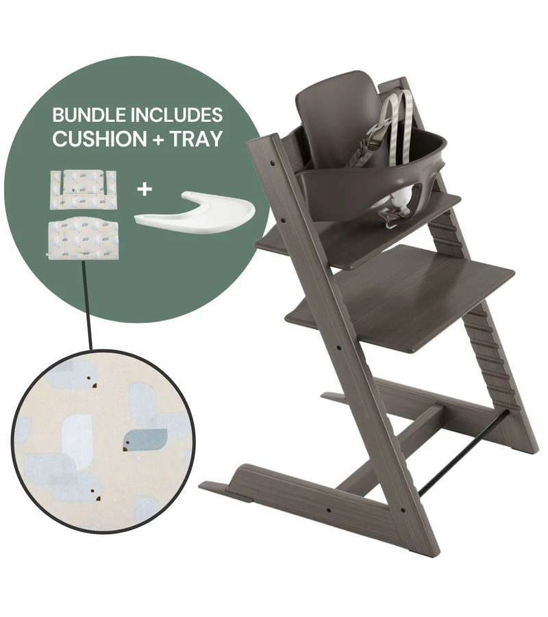 Stokke Tripp Trapp Complete High Chair Bundle - Hazy Grey / Birds Blue
