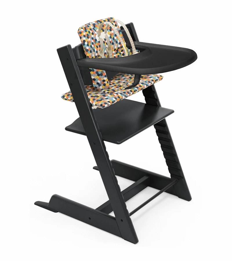 Tripp Trapp High Chair And Cushion With Stokke Tray Bundle - Black / Honeycomb Happy / Black