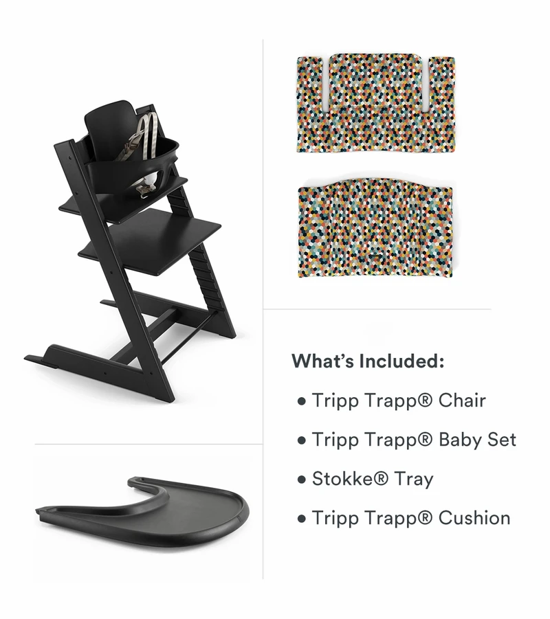 Tripp Trapp High Chair And Cushion With Stokke Tray Bundle - Black / Honeycomb Happy / Black - Image 2