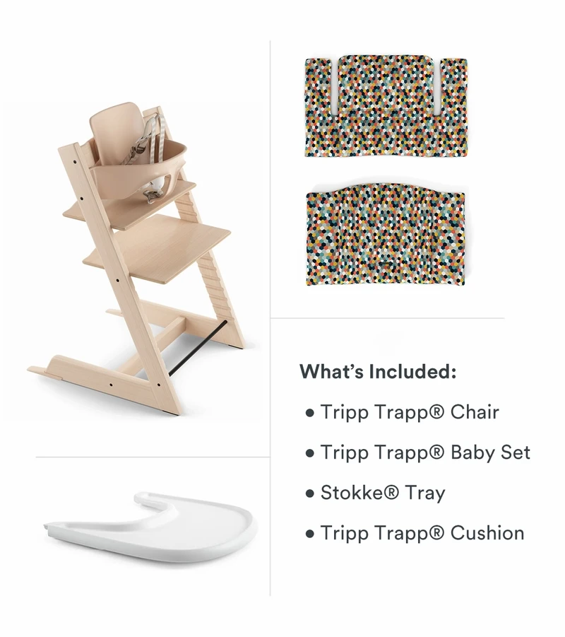 Tripp Trapp High Chair And Cushion With Stokke Tray Bundle - Natural / Honeycomb Happy / White - Image 2