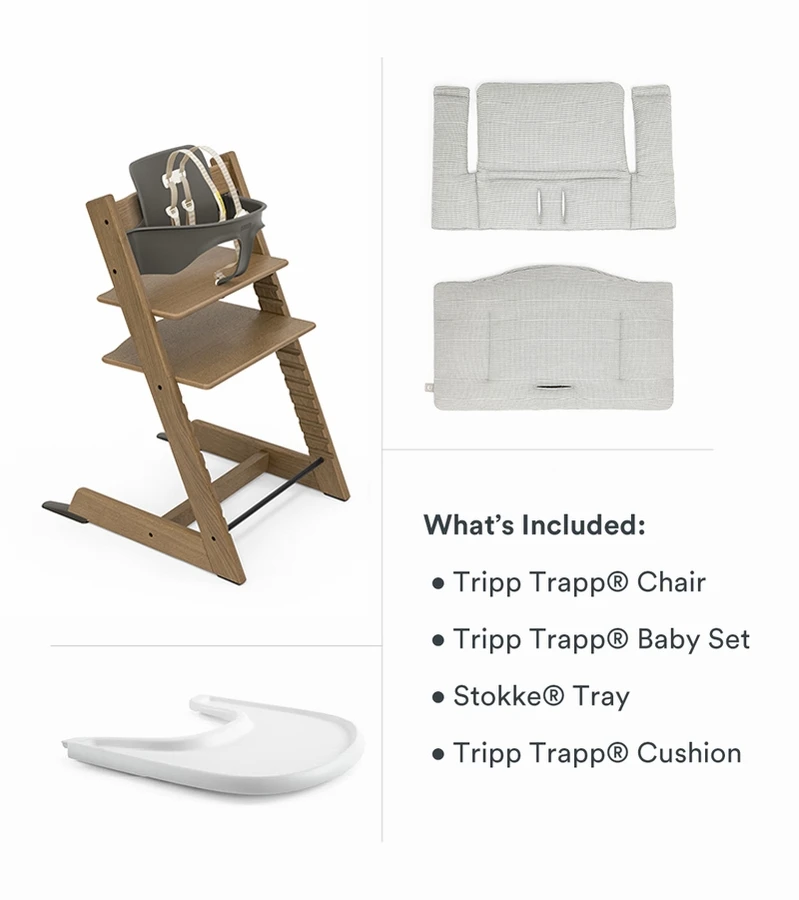 Tripp Trapp High Chair And Cushion With Stokke Tray Bundle - Oak Brown / Nordic Grey / White - Image 2