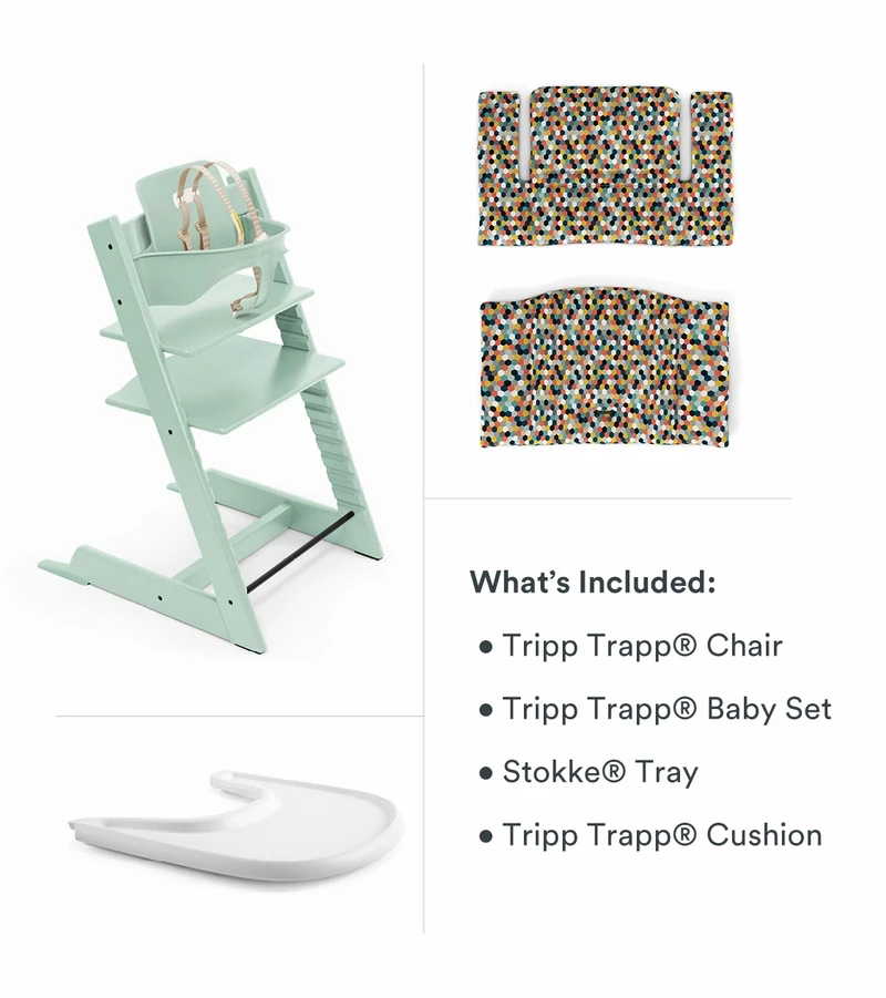 Tripp Trapp High Chair And Cushion With Stokke Tray Bundle - Soft Mint / Honeycomb Happy / White - Image 2