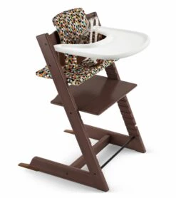 Tripp Trapp High Chair And Cushion With Stokke Tray Bundle - Walnut Brown / Honeycomb Happy / White