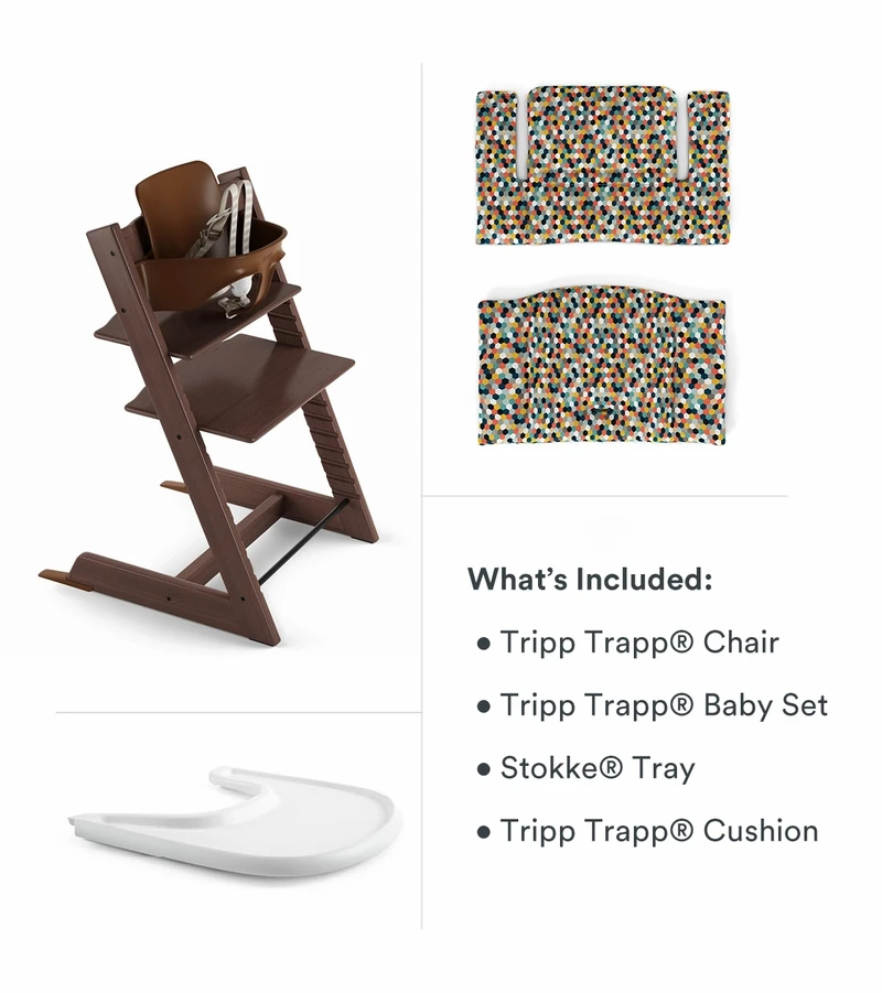 Tripp Trapp High Chair And Cushion With Stokke Tray Bundle - Walnut Brown / Honeycomb Happy / White - Image 2