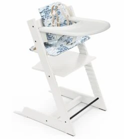 Tripp Trapp High Chair And Cushion With Stokke Tray - White / Waves Blue