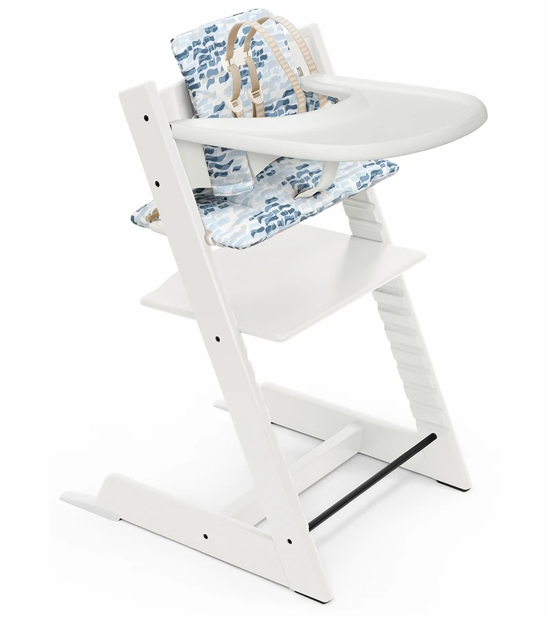 Tripp Trapp High Chair And Cushion With Stokke Tray - White / Waves Blue
